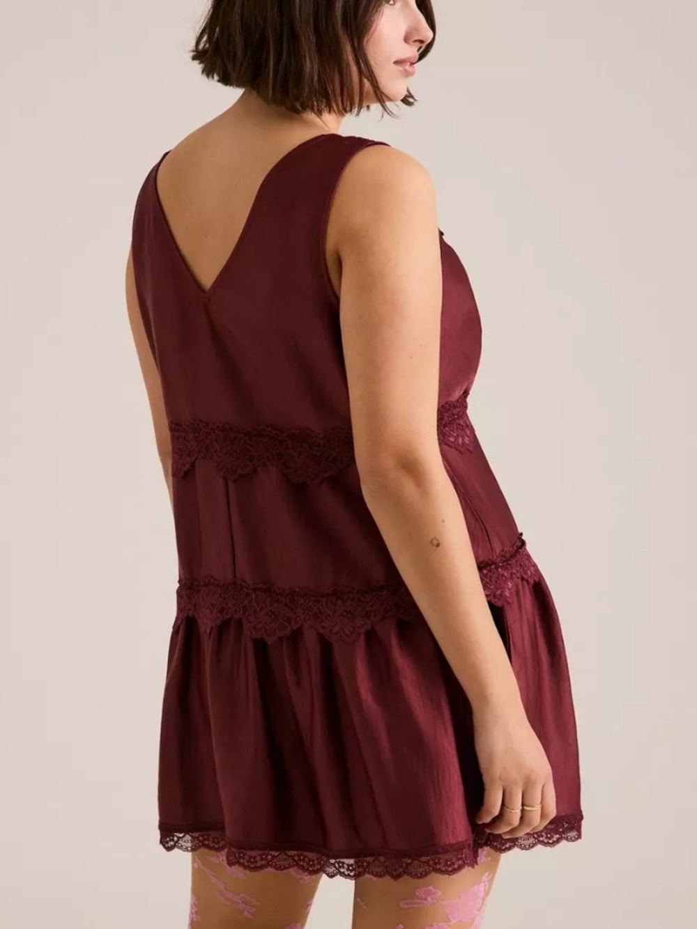 Torrid Dress 3X Festi Lace Trim Mini Drop Waist Burgundy Plus Size V-Neck NWT - Picture 4 of 5